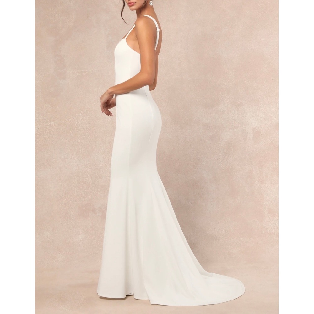 Lulus Safine White Backless Mermaid Maxi Dress Stretch Crepe Gown Size M 2717
